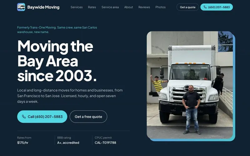 Baywide Moving home page: 'Moving the Bay Area since 2003' beside a photo of the crew in front of a moving truck