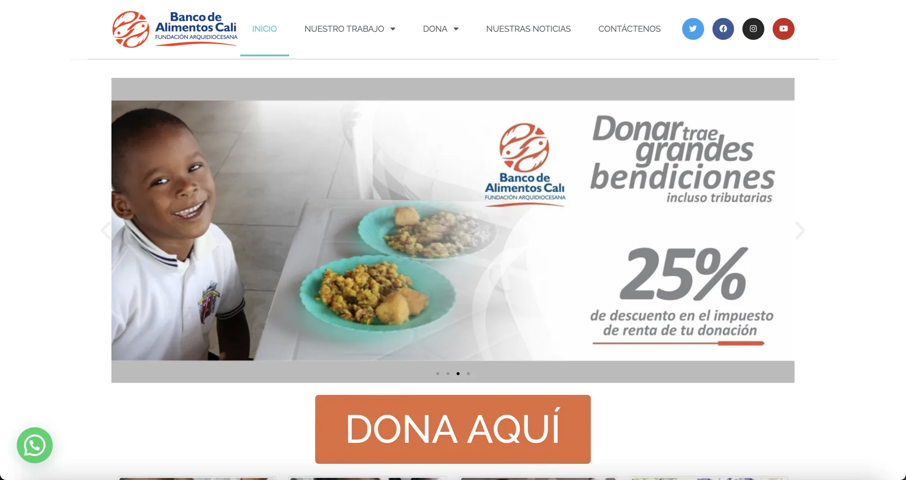 Banco de Alimentos Cali's website, showing a child with a plate of food and a donate button