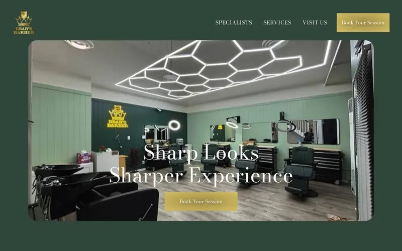 Bear's Barber home page: the gold crown logo and 'Sharp Looks, Sharper Experience' over a photo of the shop