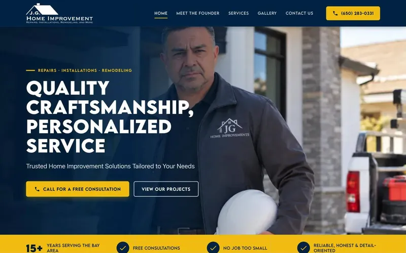 JG Home Improvement home page: 'Quality craftsmanship, personalized service' beside a portrait of the founder holding a hard hat