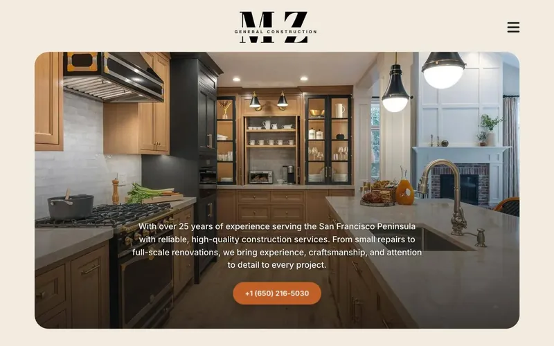 MZ General Construction home page: the MZ logo above a full-width photo of a finished kitchen remodel