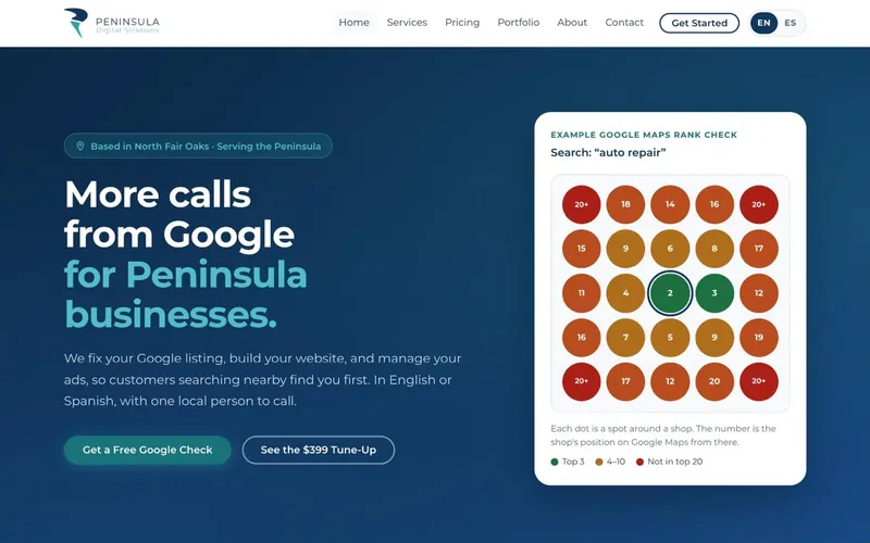 Peninsula Digital Solutions home page: 'More calls from Google for Peninsula businesses' beside a Google Maps rank grid
