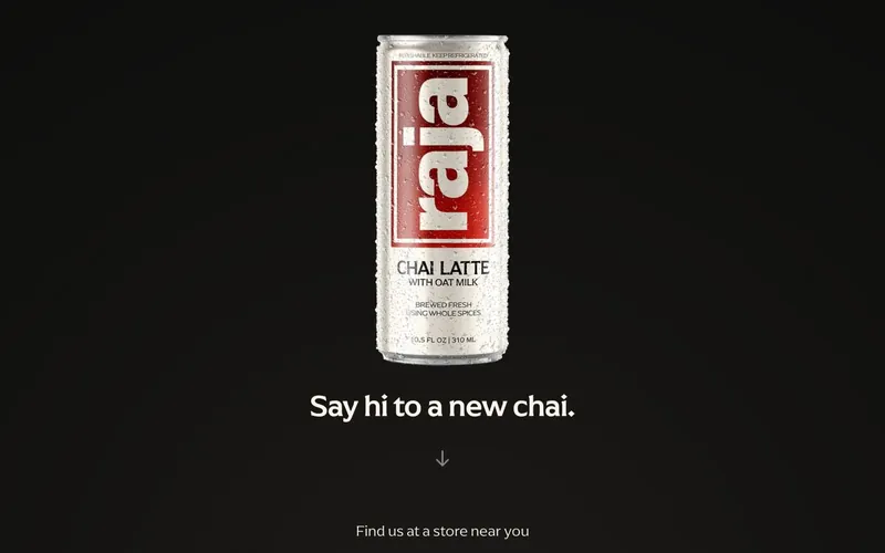 Raja launch page: a frosted can of Raja chai latte on a black background with the line 'Say hi to a new chai'