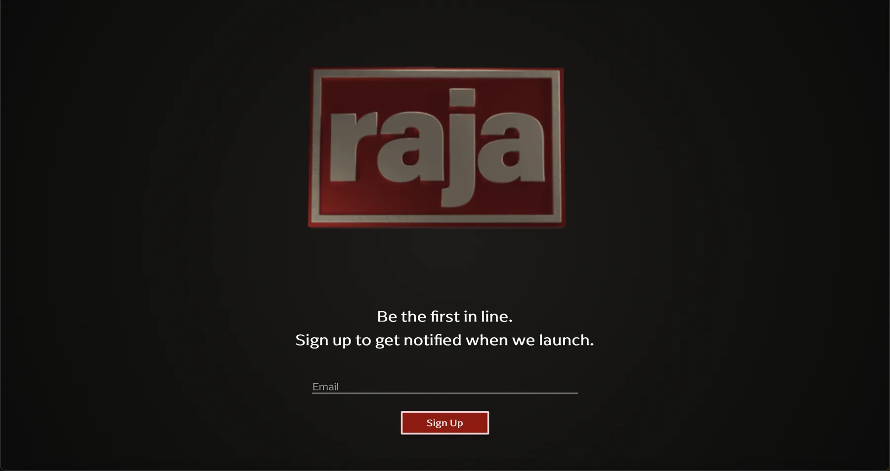 Raja launch page with the red Raja logo and an email sign-up form on a dark background