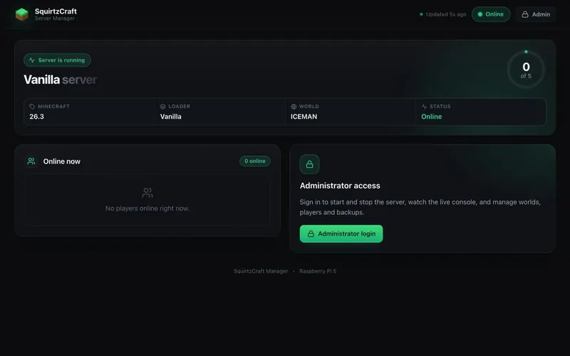 SquirtzCraft Server Manager dashboard: server running, Minecraft 26.3, Vanilla loader, world ICEMAN, 0 of 5 players online