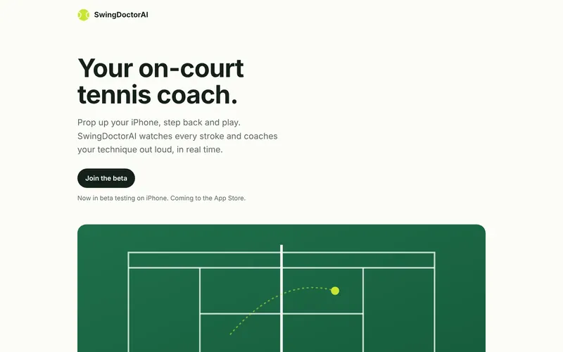 SwingDoctorAI landing page: 'Your on-court tennis coach' above an illustration of a tennis court