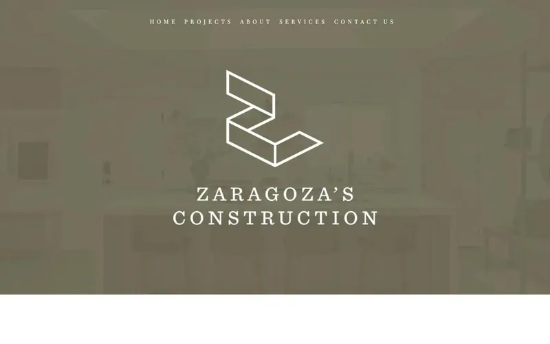 Zaragoza's Construction home page: the geometric Z logo and company name over a muted interior photo